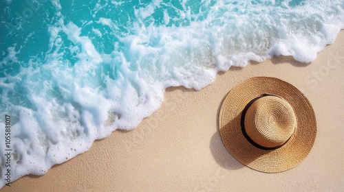 Straw hat resting on sandy beach with ocean waves softly lapping at it captured from above with ample space for text photo