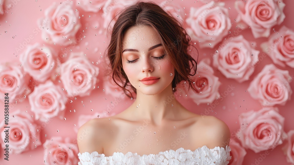 Beautiful woman with closed eyes surrounded by pink roses. Beautiful woman with closed eyes surrounded by pink roses.