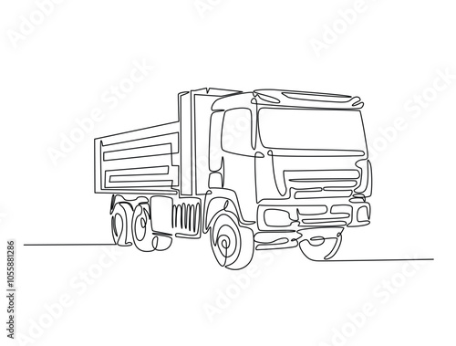 Continuous one line drawing of dump truck industrial transportation. Big dump truck single line art vector illustration. Editable vector.