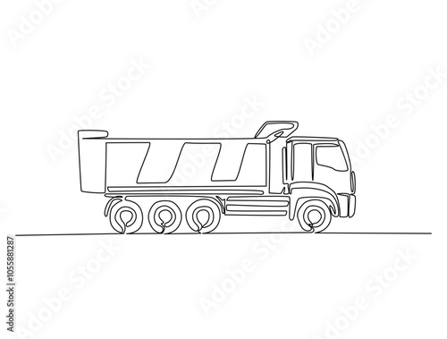 Continuous one line drawing of dump truck industrial transportation. Big dump truck single line art vector illustration. Editable vector.
