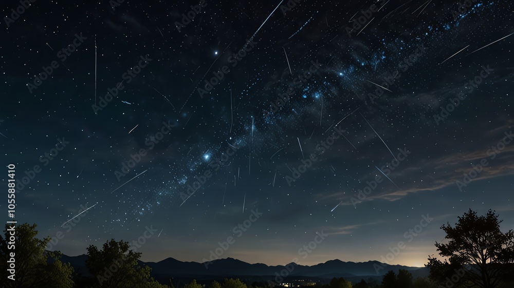 Fototapeta premium A long exposure shot of the night sky with the Milky Way galaxy, stars, and shooting stars streaking across the sky