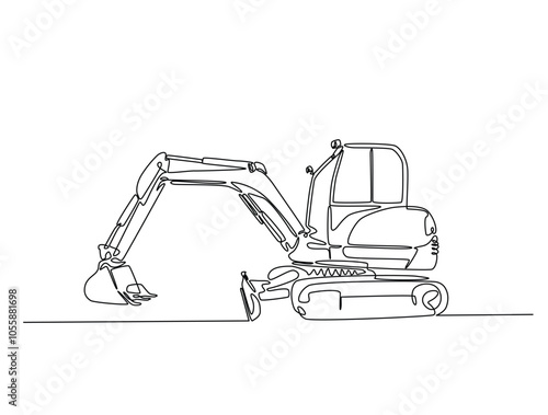 Continuous one line drawing of excavator. Heavy Construction Equipment single line art vector illustration. Editable vector.