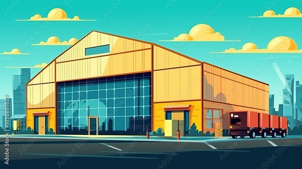 A large warehouse with a truck in front of it. A large warehouse with a truck in front of it.