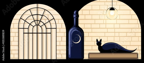 Black Cat Bottle and Arched Window with Brick Wall