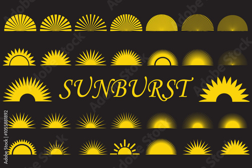 Sunburst vector icons set on dark background. Set of vintage half sunburst, Sunrise collection in gold color. Bursting, light, starburst rays, or sunrise firework design elements. Vector Illustration.