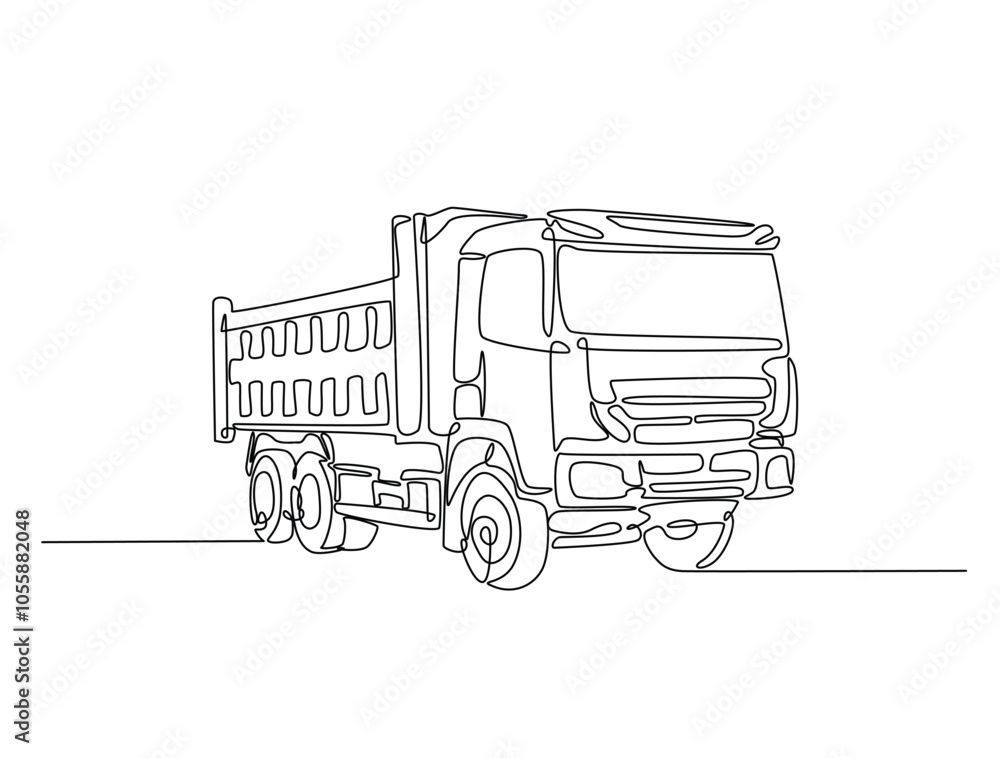 Continuous one line drawing of dump truck industrial transportation ...