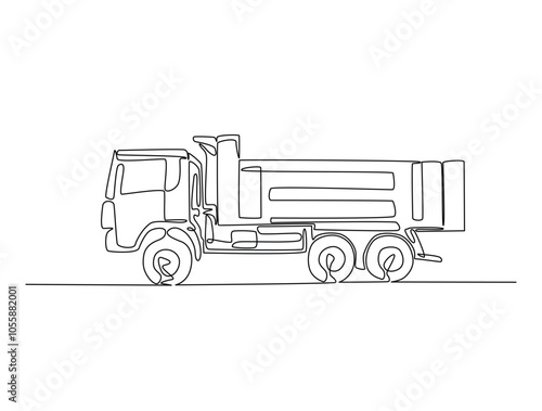 Continuous one line drawing of dump truck industrial transportation. Big dump truck single line art vector illustration. Editable vector.