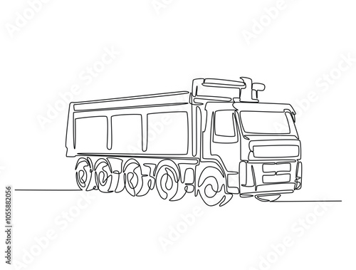 Continuous one line drawing of dump truck industrial transportation. Big dump truck single line art vector illustration. Editable vector.