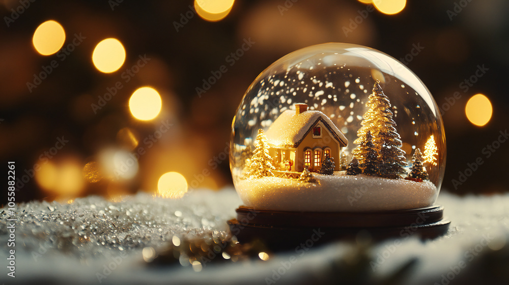 A glowing snow globe with a cozy winter cabin surrounded by snow-covered trees, creating a magical holiday atmosphere with warm bokeh lights. A glowing snow globe with a cozy winter cabin surrounded by snow-covered trees, creating a magical holiday atmosphere with warm bokeh lights.