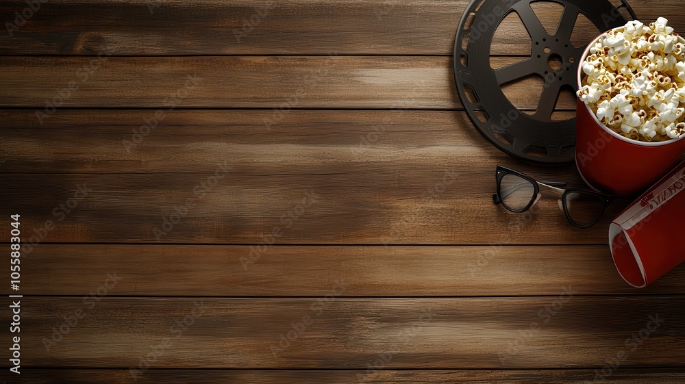 Photo of a movie reel, popcorn bucket, and glasses on a wooden background. Web banner with copy space Photo of a movie reel, popcorn bucket, and glasses on a wooden background. Web banner with copy space