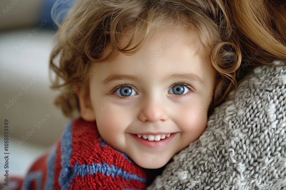Closeup of smiling toddler with bright eyes embracing an adult, displaying warmth, joy, and innocence. Closeup of smiling toddler with bright eyes embracing an adult, displaying warmth, joy, and innocence.