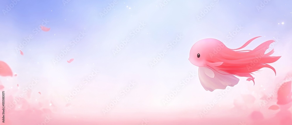 Obraz premium Cute Pink Fantasy Creature Flying in a Dreamy Sky with Falling Petals