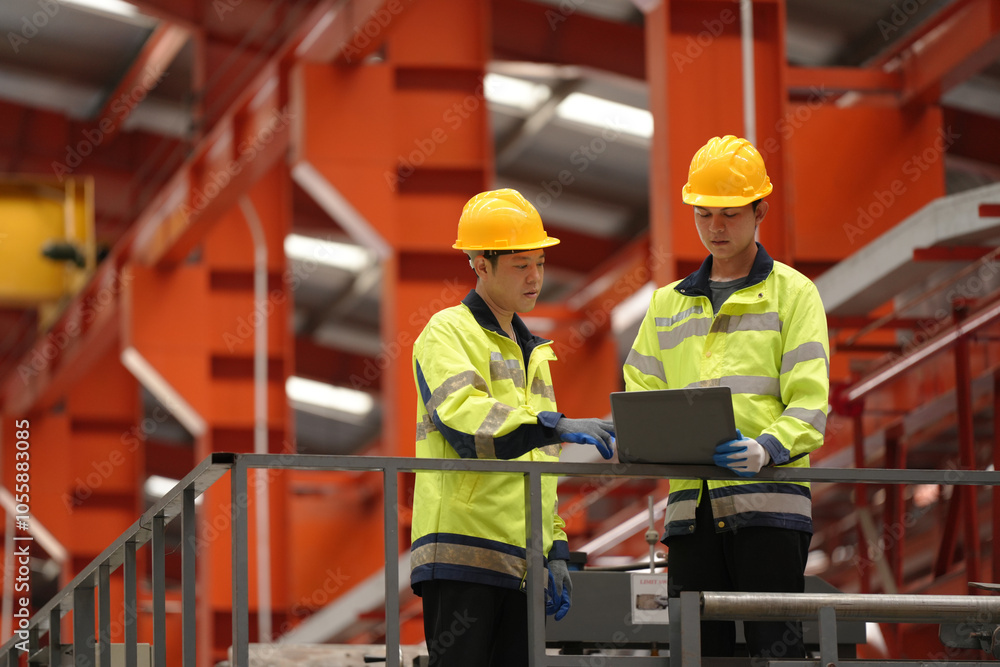 custom made wallpaper toronto digitaltwo professional engineer, worker, technician use clipboard discuss work, walk in steel metal manufacture factory plant industry. Asian man and woman wear hard hat check quality machine