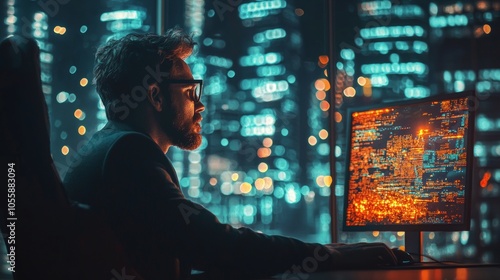 Man working late at a computer with data code on screen