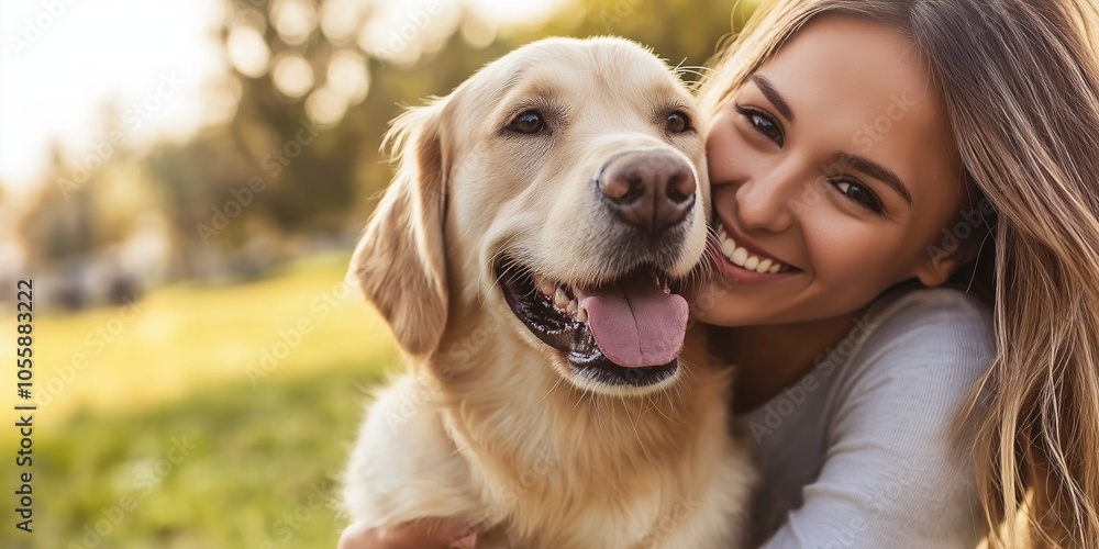 A cheerful woman and her golden retriever enjoying a sunny day in a park, showcasing their joyful companionship. A cheerful woman and her golden retriever enjoying a sunny day in a park, showcasing their joyful companionship.