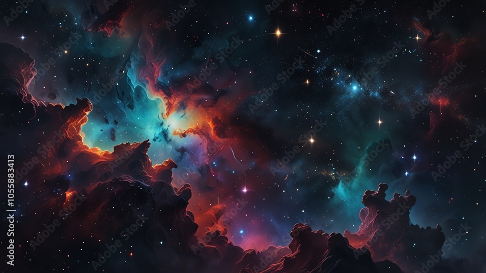 Obraz premium A vibrant nebula with swirling colors of red, blue, and green fills the cosmic canvas, illuminating the surrounding darkness with countless stars twinkling in the distance.