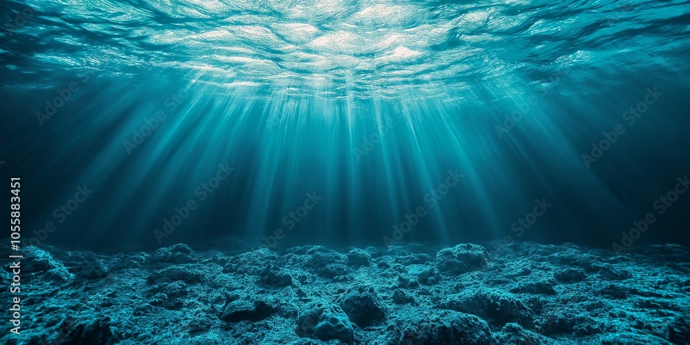 Naklejka premium An underwater scene, showcasing sunlight filtering through water onto a rocky seabed, creating a serene ambiance.