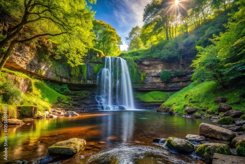 Majestic Waterfall at Falling Foss in Yorkshire Dales - Serene Nature Scene for Stock Photography