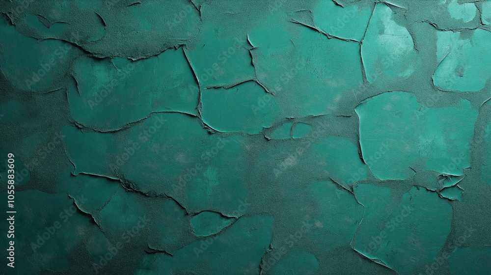Obraz premium Textured green wall with peeling paint, featuring rough abstract patterns and cracks creating a unique rustic effect.