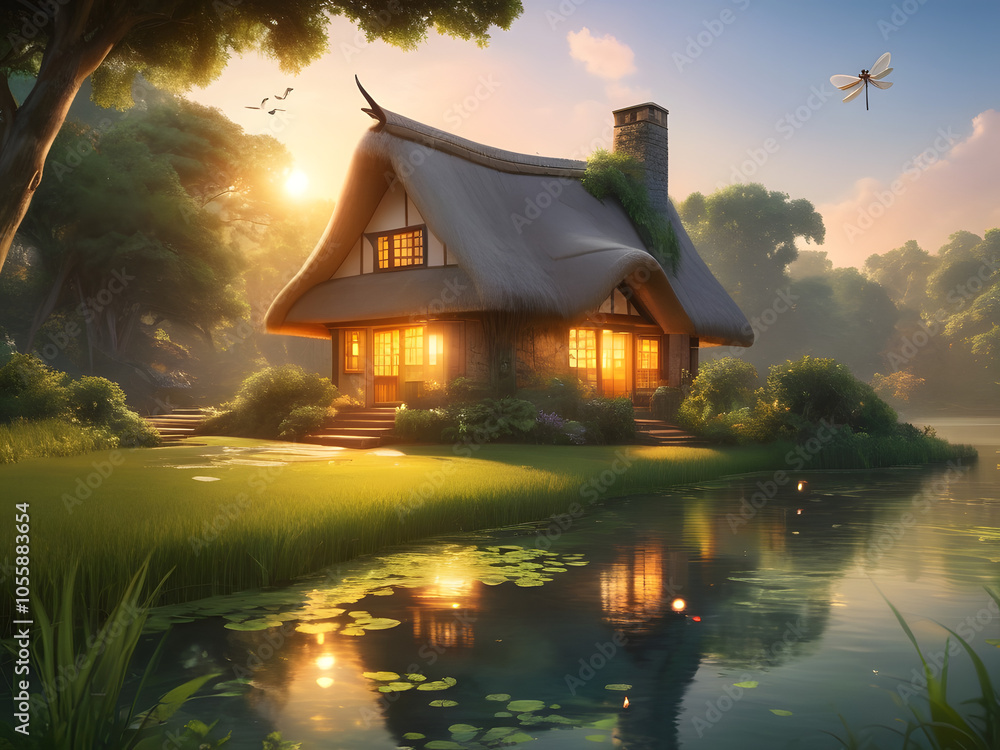 Fototapeta premium A cozy cottage with a thatched roof made of soft grass, located next to a sparkling clear pond
