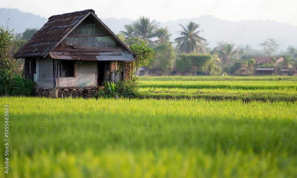 A rustic house stands amidst lush green rice fields, showcasing rural tranquility and agricultural beauty. A rustic house stands amidst lush green rice fields, showcasing rural tranquility and agricultural beauty.