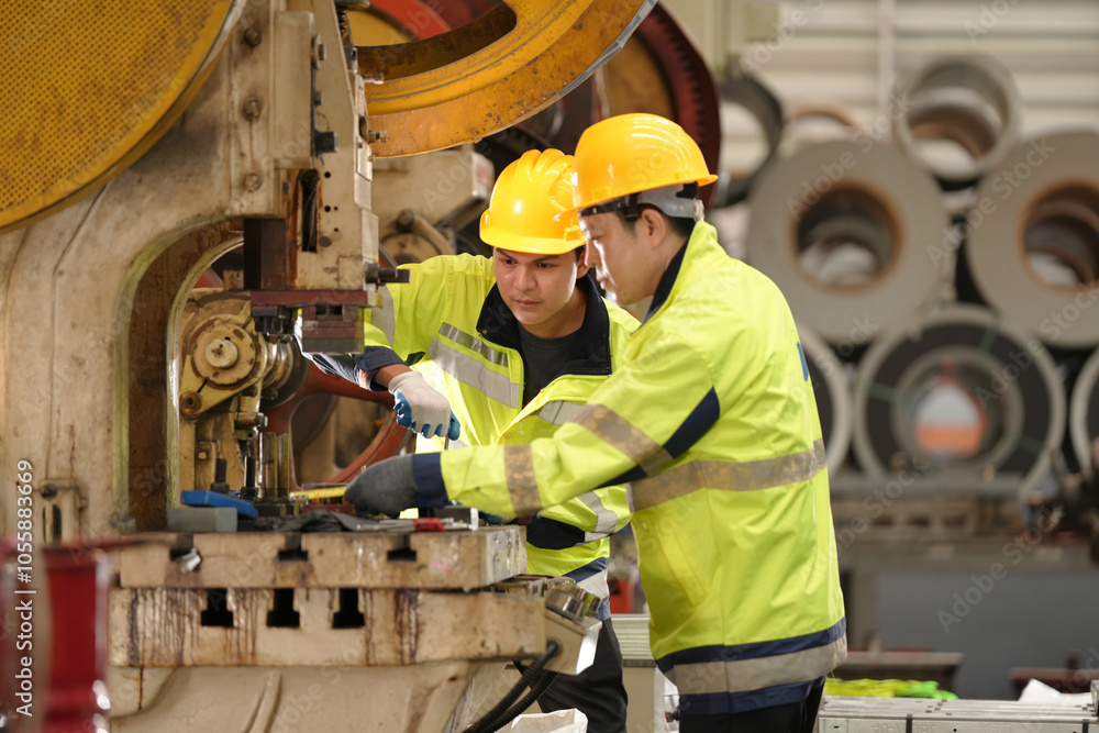 two professional engineer, worker, technician use clipboard discuss work, walk in steel metal manufacture factory plant industry. Asian man and woman wear hard hat check quality machine two professional engineer, worker, technician use clipboard discuss work, walk in steel metal manufacture factory plant industry. Asian man and woman wear hard hat check quality machine