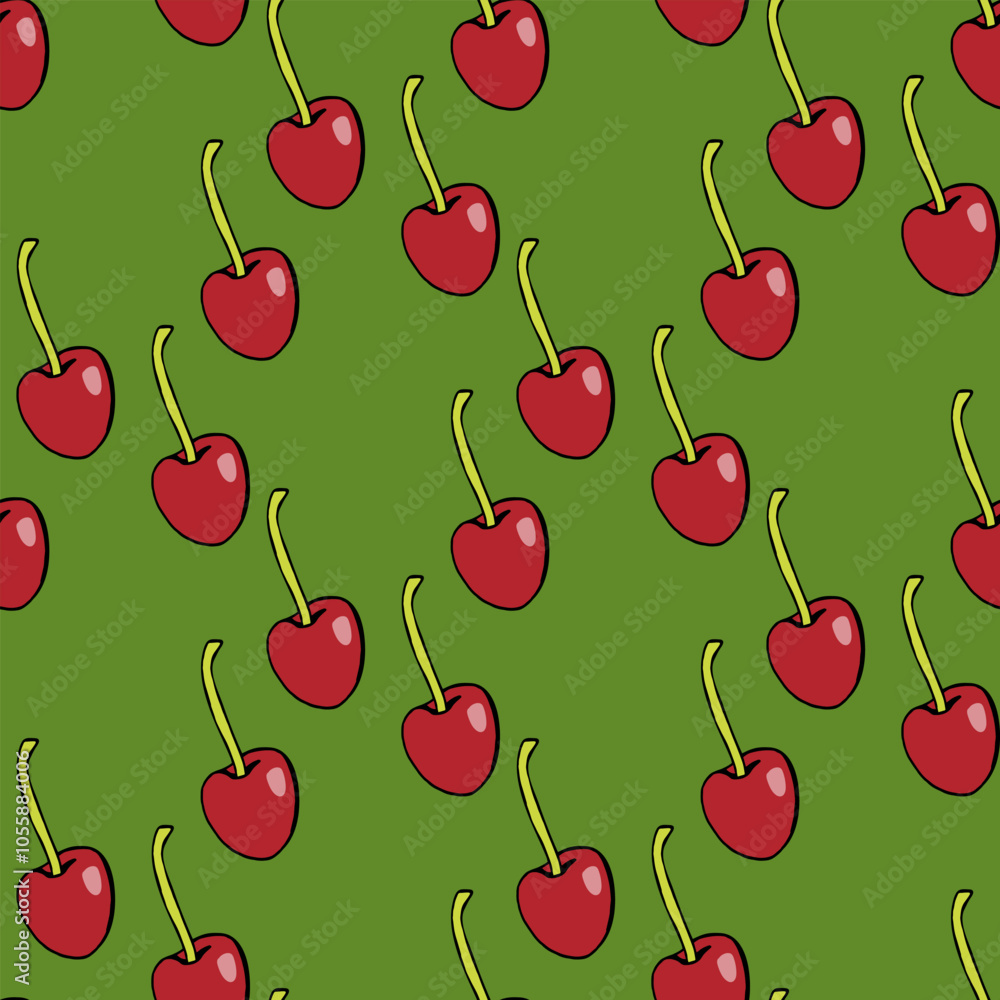 Seamless pattern with red cherries on green background.eps Seamless pattern with red cherries on green background.eps
