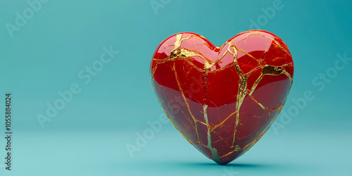 kintsugi style red heart on light blue background.valentine's day concept.copy space