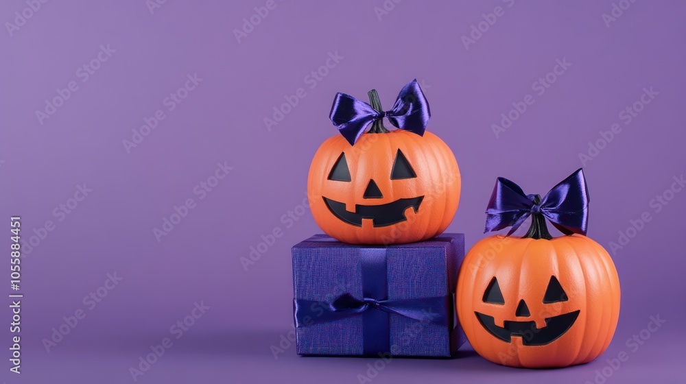 Halloween Pumpkins with Purple Bows on a Gift Box Halloween Pumpkins with Purple Bows on a Gift Box