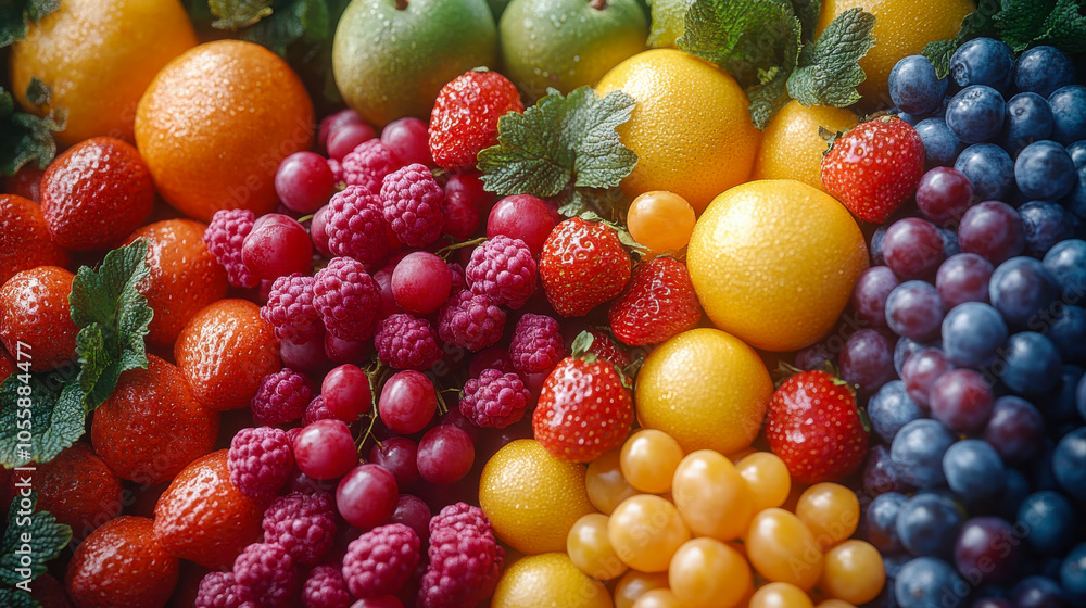 Vibrant assortment of fresh fruits including strawberries, grapes, oranges, and blueberries Vibrant assortment of fresh fruits including strawberries, grapes, oranges, and blueberries