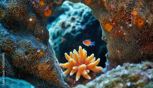 Pez nadando frente a coral naranja en un entorno marino rodeado de rocas texturizadas.