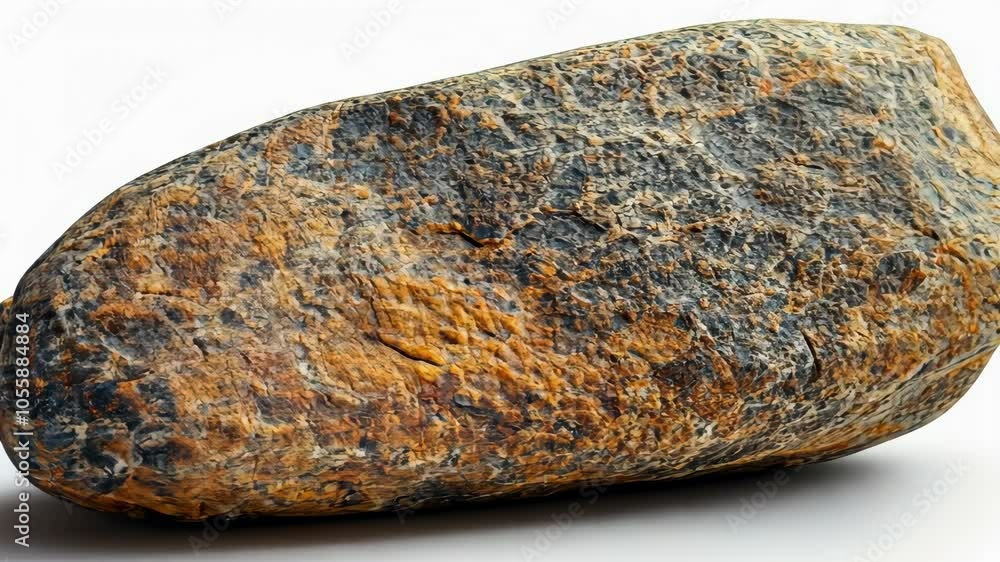 A smooth, brown and gray rock with a rough texture sits on a white surface A smooth, brown and gray rock with a rough texture sits on a white surface