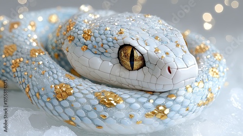 A snake with gold spots and a gold eye is laying on a white surface. The gold and white colors create a sense of luxury and elegance photo