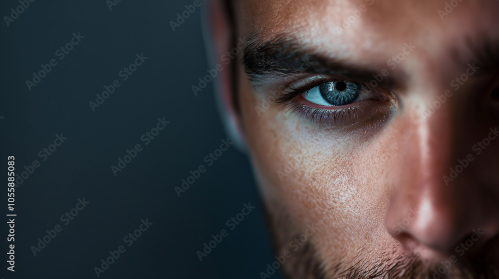 Close-Up of a Man with a Focused Blue Eye Close-Up of a Man with a Focused Blue Eye