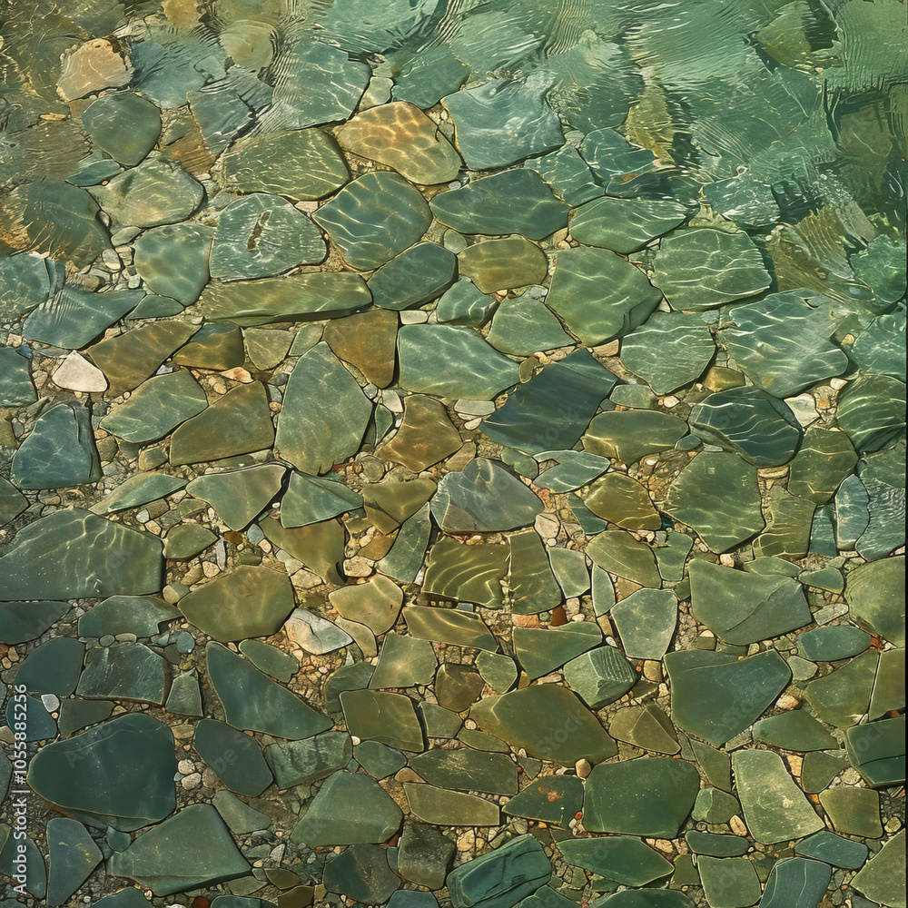 top-down view, green pebbles under water surface, tranquil, calm, elegant top-down view, green pebbles under water surface, tranquil, calm, elegant