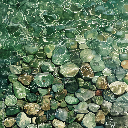 top-down view, green pebbles under water surface, tranquil, calm, elegant 