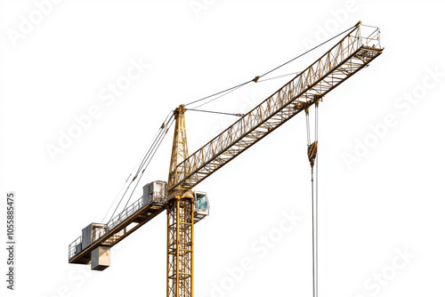 Minimalist shot of a construction crane lifting a single steel beam, isolated on a white background.