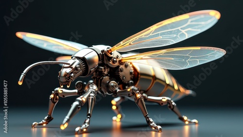 A highly detailed 3D model of a mechanical insect, such as a dragonfly or beetle, with intricate metal joints and transparent wings that reflect light