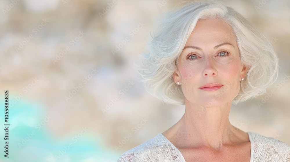 Elegant portrait of a mature woman with graceful features and soft natural makeup against a gentle background Elegant portrait of a mature woman with graceful features and soft natural makeup against a gentle background