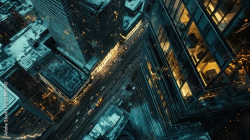 Aerial View of Cityscape at Night with Illuminated Windows