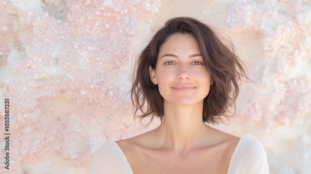 A serene portrait of a woman against a soft pink background capturing natural beauty and tranquility in a contemporary style A serene portrait of a woman against a soft pink background capturing natural beauty and tranquility in a contemporary style