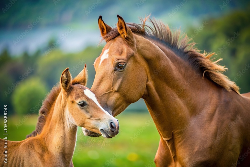 Mother horse nuzzling her foal in a heartwarming scene Mother horse nuzzling her foal in a heartwarming scene