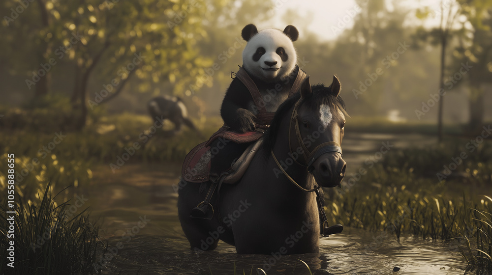 Obraz premium A cute panda riding a horse in a forest area.