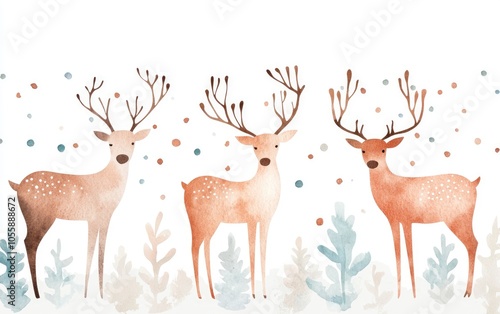 Delicate watercolor reindeer silhouettes, soft brown and beige, minimalist on white background, gentle festive feeling, seamless design