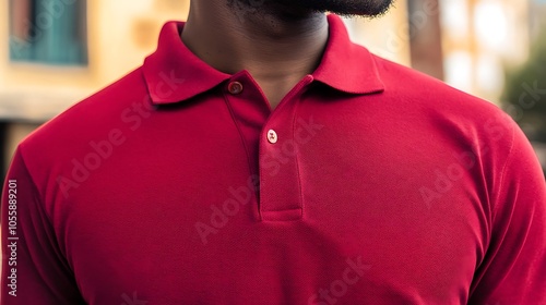 Man wearing a plain red polo shirt, with close-up on chest and collar, ready for logo placement photo