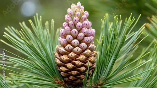 Close-up of a Pine Cone with Delicate Pink Blossoms