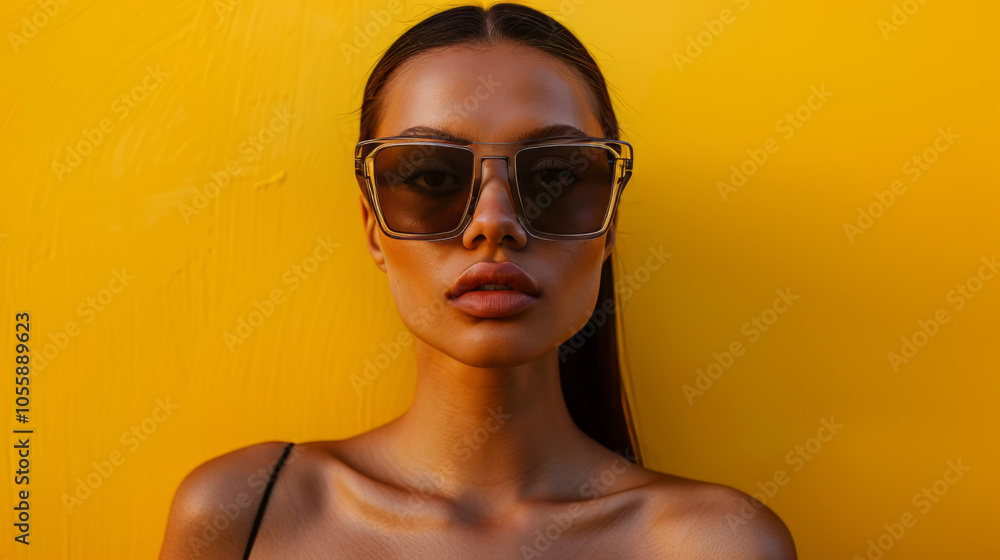 photo of an european women, wearing high end fashion sunglasses with clear frames and black tint lenses, Background is a plain yellow, hair is dark brown, skin is slightly tanned, Model facing forward photo of an european women, wearing high end fashion sunglasses with clear frames and black tint lenses, Background is a plain yellow, hair is dark brown, skin is slightly tanned, Model facing forward