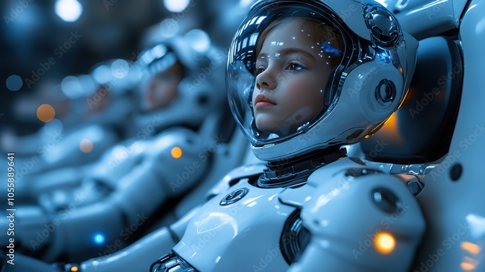 The boy gazes thoughtfully from his seat in the spaceship, adorned in a modern spacesuit, while other crew members sit nearby, ready for launch. The boy gazes thoughtfully from his seat in the spaceship, adorned in a modern spacesuit, while other crew members sit nearby, ready for launch.