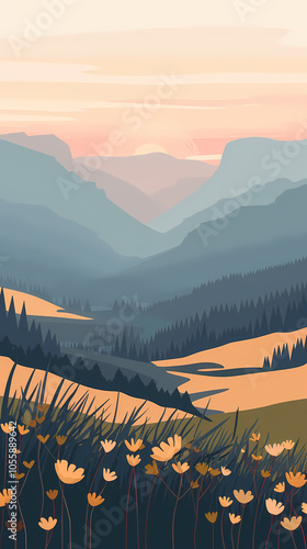 A serene landscape featuring rolling hills and vibrant wildflowers at sunset, creating a tranquil and artistic atmosphere.