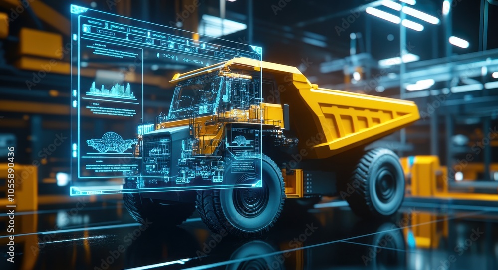 Fototapeta premium A yellow mining truck is in the foreground, and on its side there's an interactive holographic display showing data about various aspects of their fleet